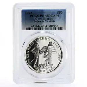 クック諸島 50 ドル ペドロ デ バルディビア アステカマン PR68 PCGS 銀貨 1992