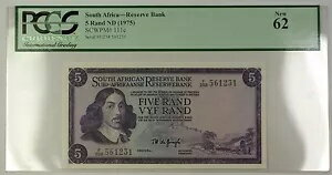 (1975) 日付なし 南アフリカ準備銀行 5 ランド紙幣 SCWPM# 111c PCGS New 62