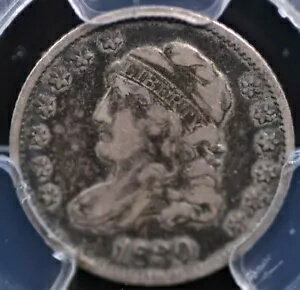 1830 キャップドバスト ハーフダイム PCGS 非常に細かい 30 の深い炭田がコントラストを見せています