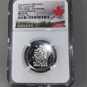 2021 カナダ 50 セント エリザベス女王の国章 100 周年記念 NGC MS67 PL