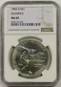 1983-D オリンピック円盤投げ 1 ドル NGC MS 69 モダン記念銀ドル