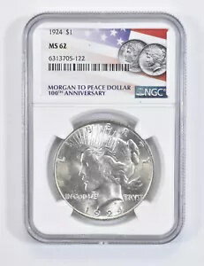 1924 MS62 MS 62 Peace Silver Dollar NGC Flag 2021 100th Ann Label *8169