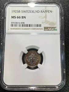 1925 B MS66 BN スイス ラッペン NGC UNC KM 3.2 トップグレード!