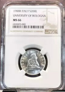 1988 イタリア シルバー 200 リラ ボローニャ大学 NGC MS 66 美しい宝石部