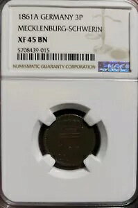 1862年 ドイツ 3 ペニヒ・メクレンブルク=シュヴェリーン 。 NGC XF 45 BN