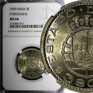 インド・ポルトガル銅ニッケル 1959 3 エスクード NGC MS64 BU KM# 34(15)