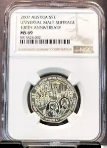 2007 オーストリア銀貨 5 ユーロ男性普通選挙記念 NGC MS 69 トップ ポップ