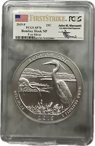 2015 P ボンベイ フック NP 5 オンス シルバー ATB 25c PCGS SP70 1st Strike -Mercanti サイン入り!