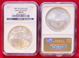 2007 W バーニッシュ シルバー イーグル S$1 NGC MS70 初期リリース ブルー ラベル (007)(3)