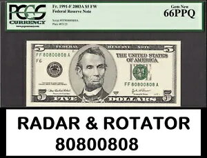 米国 2003 (A) $5 Fr# 1991-F レーダー & ローター シリアル 80800808 GEM UNC PCGS 66 PPQ