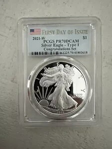 2021 W SILVER EAGLE T-1 PCGS PR70 DCAM FDOI FLAG LABEL おめでとうセット????