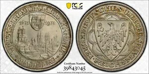 1931-A ドイツ ワイマール共和国 3 マルク銀貨 マクデブルク PCGS UNC-詳細