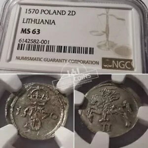 リトアニア - ジギスムント アウグストゥス - 2 デナール - 1570 年 - NGC MS63