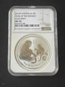 2016 オーストラリア S$1 イヤー オブ ザ モンキー ライオン プリヴィ 1オンスシルバールナー MS 70 NGC