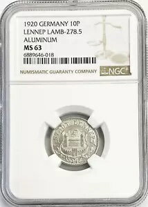 1920 ドイツ レネップ市 プロイセン州 10 フェニヒ ノットゲルト NGC 造幣局 63