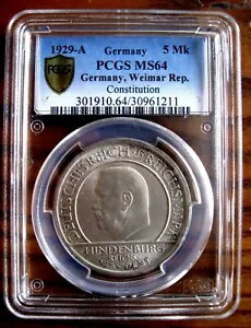 ドイツ、ワイマール共和国 - 5 マーク 1929 A KM# 64、PCGS MS64、憲法