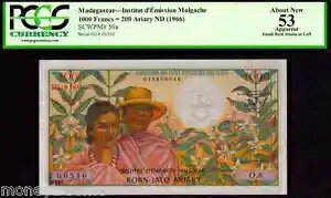 マダガスカル P59a 200 Ariaryies "FARMERS- OX Cart" 1966ND 1000 フラン PCGS 53!
