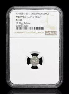 オットマン。メフメト2世「征服者」AH 855-886。シルバーアクチェ、NGC XF45