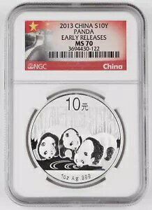 中国 2013 1 オンス 999 シルバー パンダ 10 元コイン NGC MS70 早期リリース GEM BU