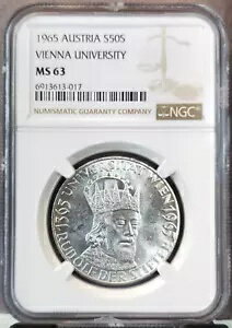 1965 オーストリア シルバー 50 シリング ウィーン大学 NGC MS 63 素敵な明るいコイン