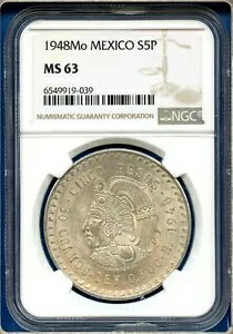 1948 Mo メキシコ NGC MS63 シルバー 5 ペソ S5P シンコ ペソ クアウテモック MS-63