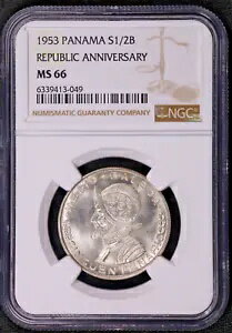 1953 パナマ シルバー 1/2 バルボア共和国記念日 - NGC MS 66