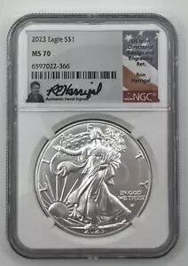 2023 $1 アメリカン シルバー イーグル NGC MS70 ロン ハリガル 直筆サイン入りフラッグ ラベル