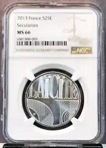 2013 フランス シルバー 25 ユーロ S10E 世俗主義 NGC MS 66 美しい宝石トップ ポップ 1