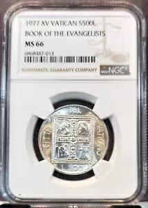 1977 バチカン シルバー 500 リラ 福音書記者 NGC MS 66 ブライト ジェム BU