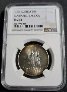 1957 オーストリア 25 シリングス マリアゼル バシリカ シルバー UNC - NGC MS 63 - トーン