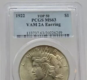 1922 P ピース シルバー ドル - VAM 2A イヤリング - PCGS MS 63 - F#6249
