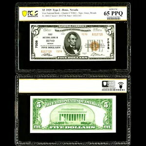 PCGS 65 1929 第一国立銀行、ネバダ州リノ $5 タイプ 2 チャンネル#7038.2