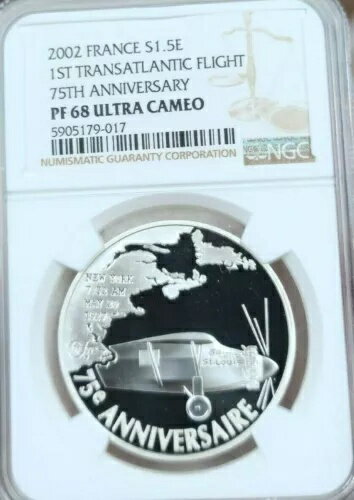 2002 フランス シルバー 1.5 ユーロ 初の大西洋横断飛行 NGC PF 68 ウルトラ カメオ出演