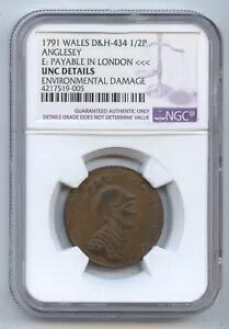 グレートブリテン ウェールズ 1791 1/2P コンドル トークン (#1274) DH-434。アングルシー島ペイアブル