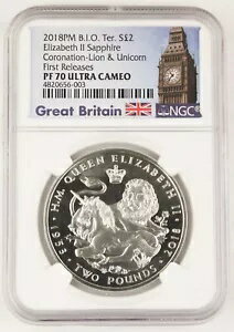 英国インド洋 2018 ライオンとユニコーン 2 ポンド銀貨 NGC PF70 UC FR