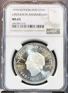 1970 オランダ シルバー 10 グルデン解放記念日 NGC MS 65 ブライト ジェム