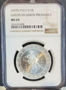 2003 イタリア シルバー 10 ユーロ S10E 欧州連合議長国 NGC MS 69 トップポップ!(3)