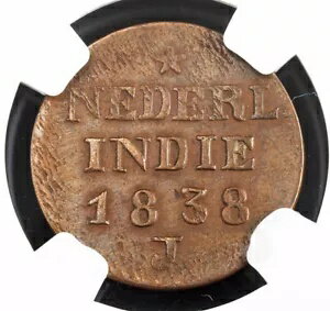 1838-J、オランダ領東インド、スマトラ島(島)。銅の1セント硬貨。 NGC AU50!