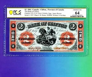 1861年 クリフトン銀行 $2 サイン ジェームス ブラウン カナダ 時代遅れ PCGS 64 最高級 すごい