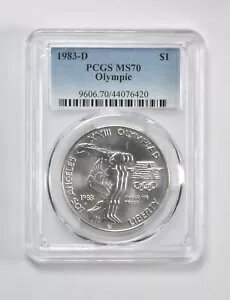 MS70 1983 D オリンピック円盤投げ記念ドル $1 PCGS ブルーラベル