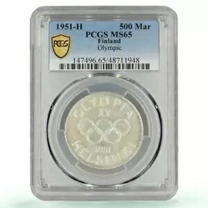 フィンランド 500 マルカール ヘルシンキ冬季オリンピック KM-35 MS65 PCGS Ag コイン 1951