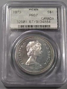 希少なドイリー スラブ B/T 40-100 既知 1973 シルバー ダラー カナダ PCGS PR67。 #15