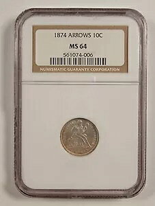 1874 年着席リバティ ダイム、MS 64 NGC、未流通、アローズ バラエティ 10C