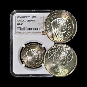 イタリア。 1970年、1000リラ、シルバー - NGC MS65 - ローマ首都、コンコルディア、カンピドリオ