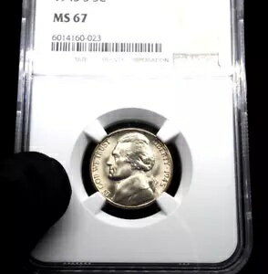 1945-S NGC MS 67 光沢のあるジェファーソンニッケル。