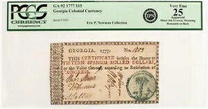 神父様GA-92、1777 年 $15 ジョージア植民地通貨、「ヤシの木」、PCGS 25 アプリ