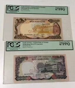 希少な 1975 年南ベトナム 5000 ドン & 10000 ドン PCGS 67 標本