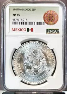 1947 メキシコ シルバー 5 ペソ クアウテモック NGC MS 65 ロー ミント 明るい宝石光沢
