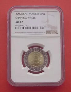 サンマリノ 2000 糸車 500 リラ バイメタル コイン NGC MS67