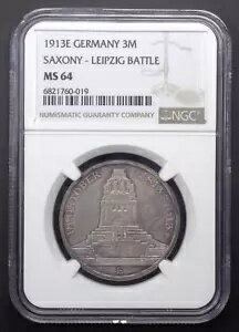 1913-E ドイツ帝国 - ザクセン AR 3 マーク、「ライプツィヒの戦い」、NGC MS 64。